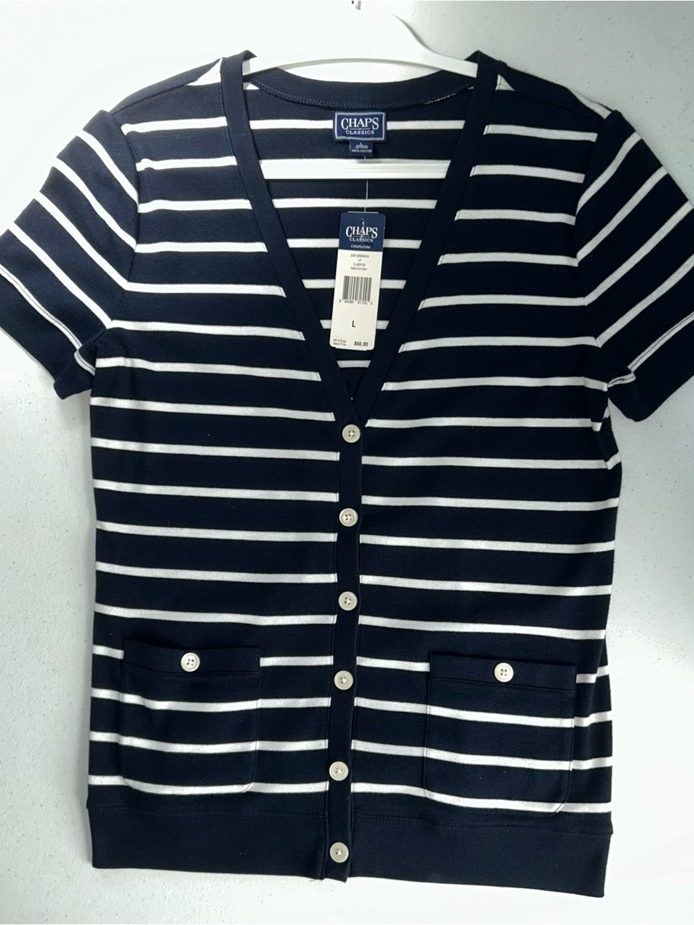 Chaps Navy and White Striped Short-Sleeve Button-Front Top NWT